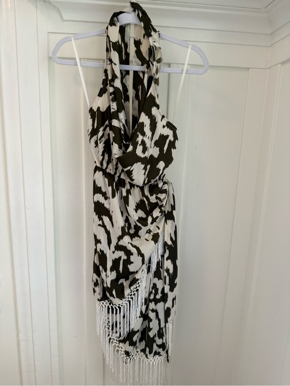 Dark Army Green and White Printed Halter Fringe Dress